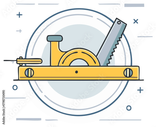 Woodworking and carpentry tools illustration with a spirit level saw and protractor for construction