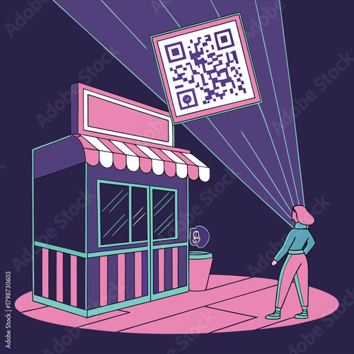 Futuristic QR Code Projection Illustration with Storefront and Shopper