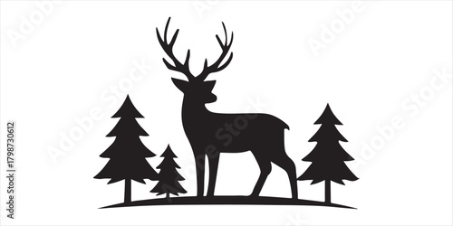 Vector silhouette of a solitary stag with prominent antlers and surrounding pine trees, isolated on a white background