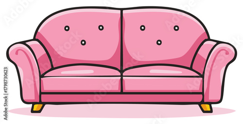 Cute pink loveseat sofa with tufted back cartoon vector illustration