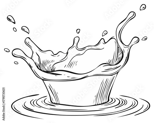 Fluid Splash Hand Drawn Illustration with Water Ripples and Droplets in Black and White