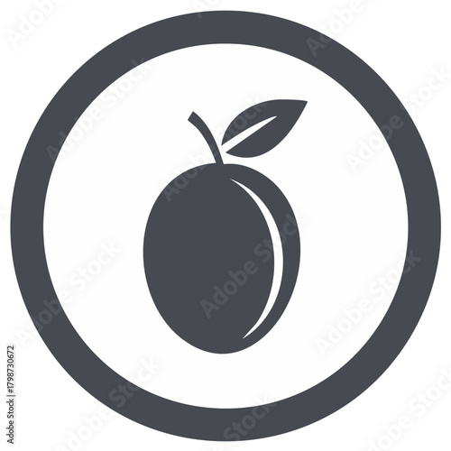Simple gray plum icon with leaf and stem inside a thick circular border