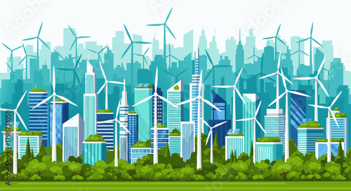 Sustainable urban development with futuristic cityscape and wind turbines in a green eco-friendly environment representing renewable energy and environmental consciousness