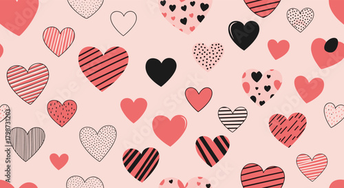 A sweet and romantic seamless pattern featuring an array of stylized hearts in various shades of pink, red, and black, perfect for love-themed designs.