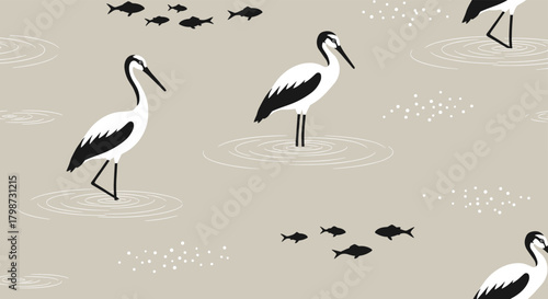 Graceful black and white wading birds amidst fish and water ripples in a serene, minimalist pond illustration.