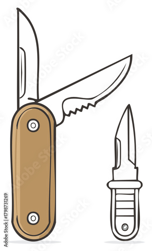 Outlined Vector Camping Tools Pocketknife and Smaller Blade for Activities