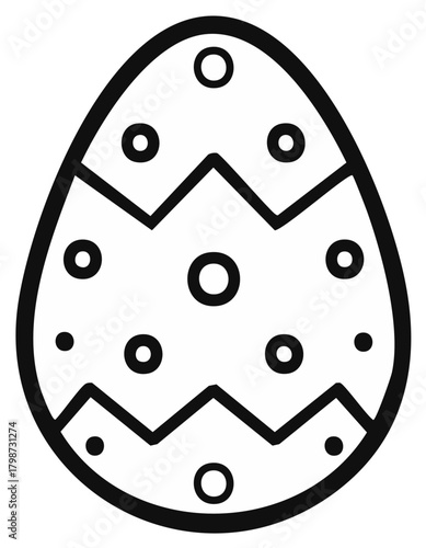 Simple Easter egg line art icon. Black and white vector illustration with zigzag and circle patterns for coloring.