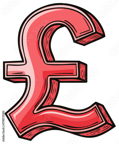 Bold red three-dimensional British pound sterling currency symbol in a graphic cartoon illustration style