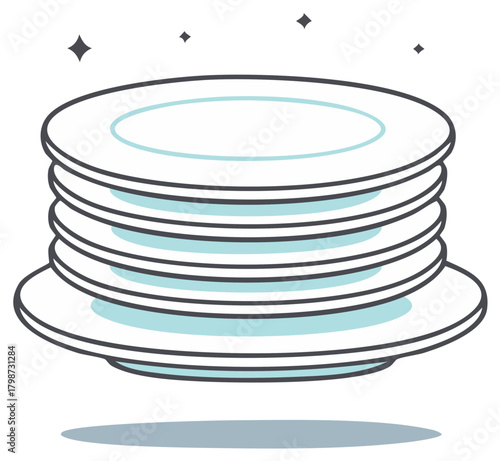 Clean stack of plates with sparkles illustration. Food and dishwashing concept.