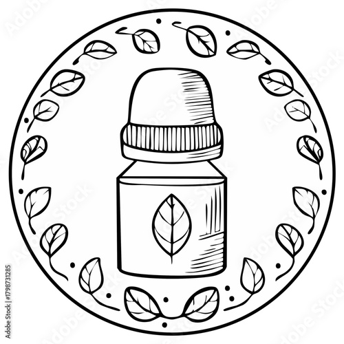 Organic essential oil bottle sketch with a leaf symbol inside a round botanical wreath line art