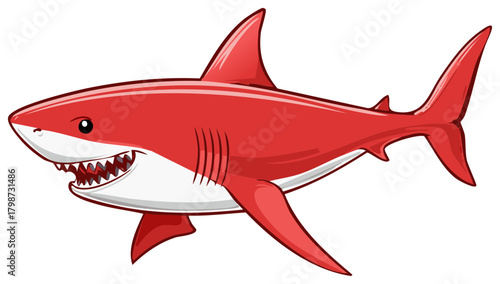 Vibrant red cartoon shark character with menacing grin and sharp teeth illustration