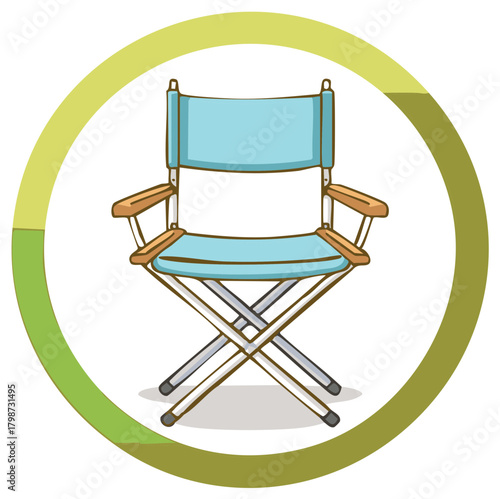 Cartoon Director's Chair in a Circle Light Blue Illustration Folding Chair Wood Armrests