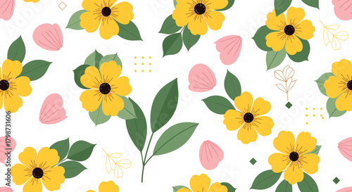 A cheerful seamless pattern of yellow flowers with green leaves, scattered pink petals, and subtle golden abstract elements on a clean white background.