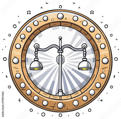 Illustrated balance scale emblem in circular frame, representing justice, law, and fairness concept.