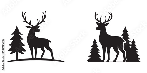 Vector silhouette of a majestic stag with large antlers and pine trees, isolated on white background