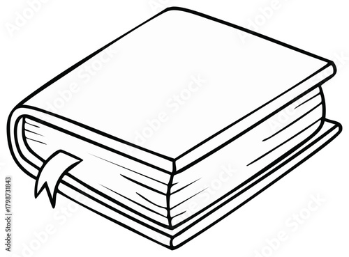Cartoon line art of a closed hardcover book with a bookmark illustration