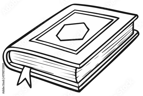 Monochromatic line art image of a thick classic book with a bookmark peeking out and a decorative symbol on its cover