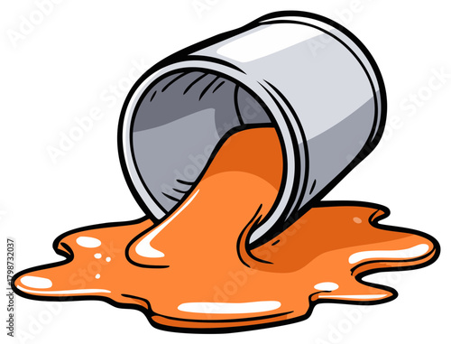 Overturned paint can with orange liquid spilled on the floor cartoon illustration