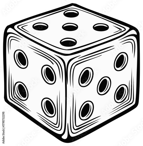 Black and white die showing five on top, four on the side, and three on the face.