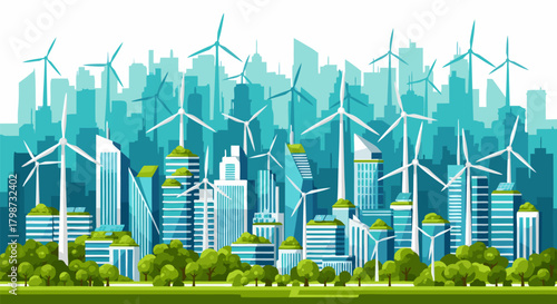 Innovative cityscape powered by renewable wind energy, showcasing modern architecture and sustainable urban development for a greener future