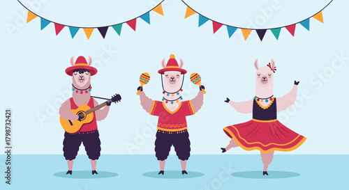 Three cartoon llamas in festive attire play musical instruments and dance under colorful banners, celebrating a joyous occasion.