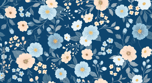 Seamless pattern of delicate blue, white, and peach flowers with leaves on a dark blue background, ideal for fabric, wallpaper, or digital designs.