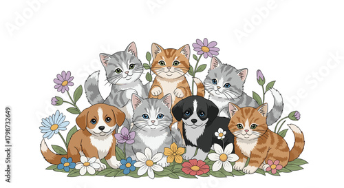 A charming illustration of happy kittens and puppies playing together in a colorful spring garden, surrounded by various blooming flowers.