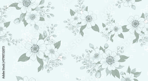 Seamless light blue background with a delicate pattern of white and grey hand-drawn floral arrangements and scattered transparent squares.