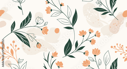 A beautiful seamless botanical pattern featuring delicate peach-colored flowers, green leaves, and soft abstract shapes on a light background.