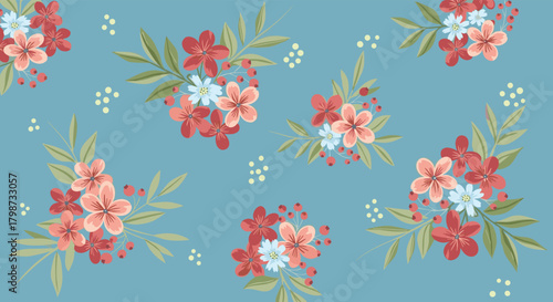 Seamless pattern of delicate floral bouquets featuring red, peach, and blue flowers, green leaves, and red berries on a calm blue-green background.