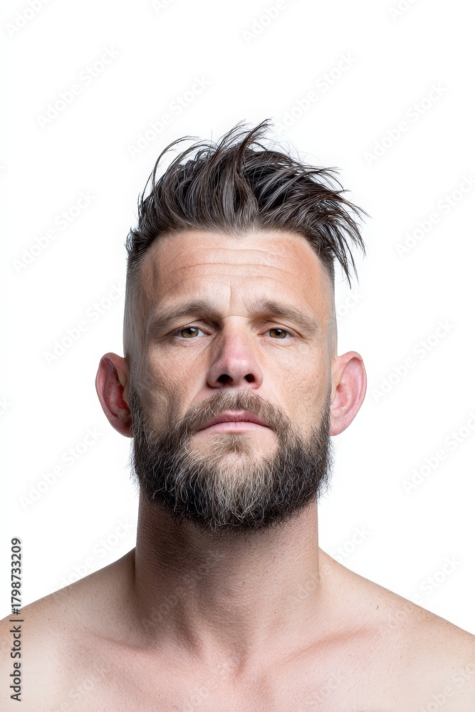 Fototapeta premium Confident Man with Modern Hairstyle and Intense Expression Portrait