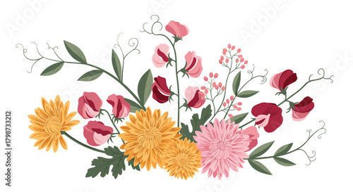 A vibrant illustration of a charming floral arrangement featuring yellow chrysanthemums, pink sweet peas, and delicate berries on a white background.