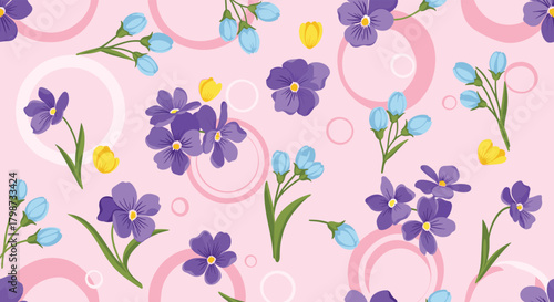 Vibrant seamless floral pattern showcasing purple and blue flowers with yellow highlights on a soft pink background featuring subtle rings.