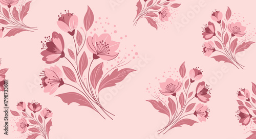 Elegant seamless pattern featuring delicate pink floral bouquets and subtle decorative elements on a soft pastel background, perfect for romantic designs.