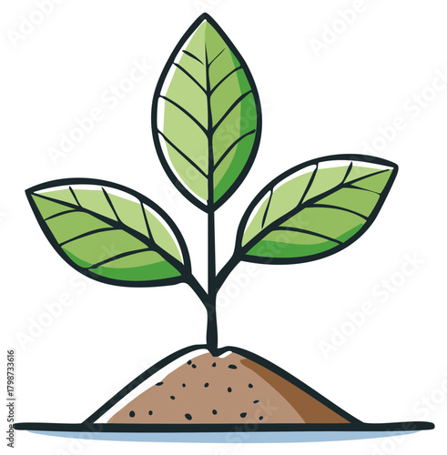 Simple cartoon seedling growing from fertile soil with green leaves