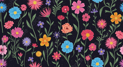 A beautiful and diverse floral pattern with various colorful blossoms and green stems against a dark, speckled backdrop, ideal for backgrounds and textiles.