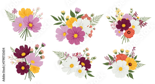 Colorful and charming flower bouquets in various styles, featuring cosmos, poppies, and complementary blossoms, ideal for springtime designs.