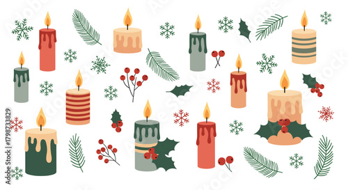 A delightful collection of Christmas candles, snowflakes, fir branches, and holly berries arranged as festive holiday elements.