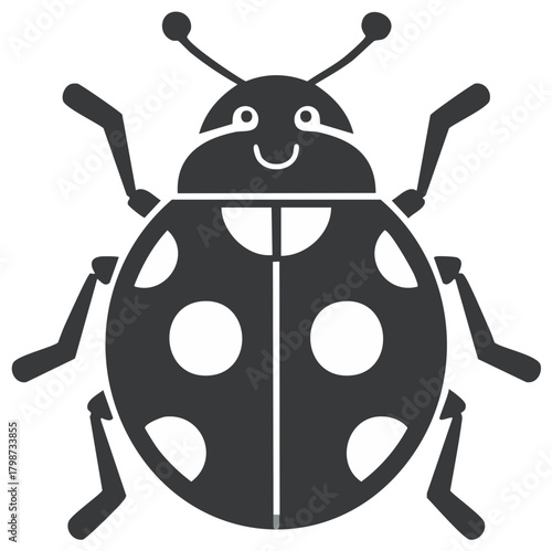 Smiling ladybug insect icon, featuring white spots, antennae, and six legs in an illustrative graphic style.