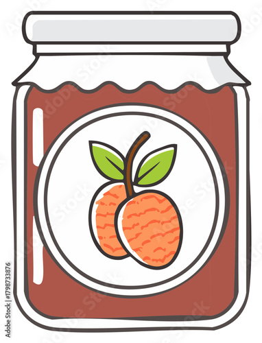 Cartoon Illustration of Fruit Jam Jar with Orange Fruits and Green Leaves Label