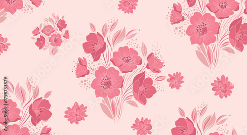 Beautiful and delicate seamless floral pattern showcasing charming pink blossoms and subtle foliage on a pale background with decorative speckles.