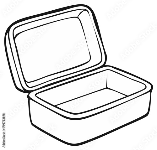 Empty rectangular metal tin box open with lid tilted back clean line art illustration
