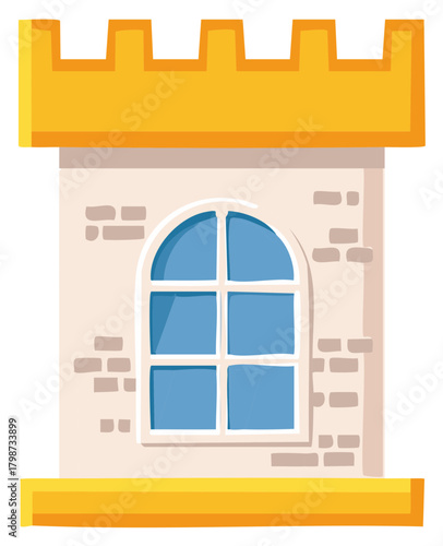 Cute Cartoon Castle Tower with Arched Window Illustration