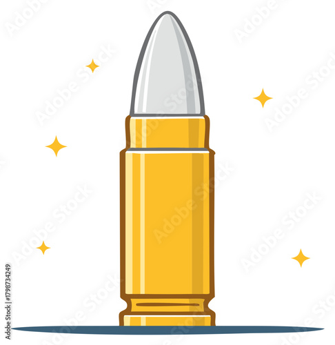 Single Shiny Golden Bullet Stands Upright Cartoon Style with Sparkling Star Accents Illustration