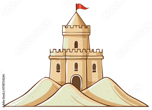 Illustration of whimsical sandcastle with towers and a red flag on sand dunes