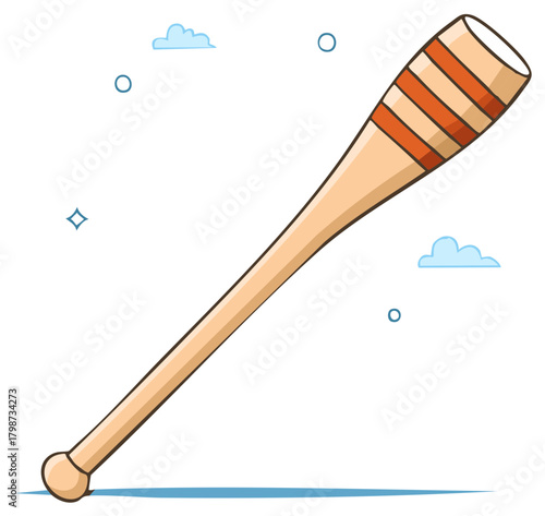 Cartoon Style Wooden Baseball Bat Illustration with Clouds and Star Elements