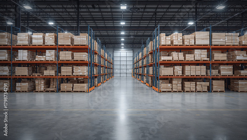 Large modern warehouse with endless shelves of cardboard boxes neatly stacked for logistics, storage and distribution.