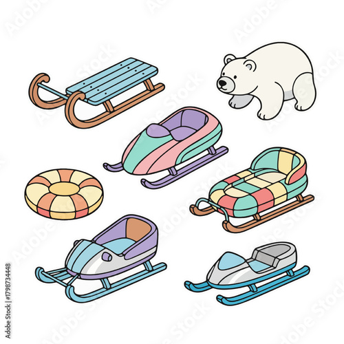 Cute Polar Bear and Snow Sledding Vehicles Collection