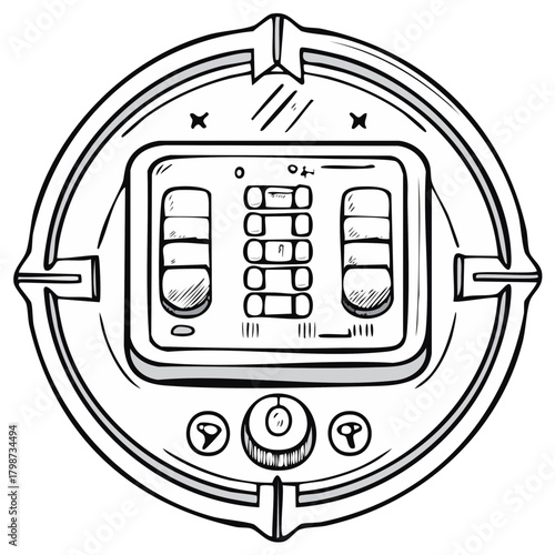 Underwater hatch control panel illustration with dials and buttons sketched line drawing