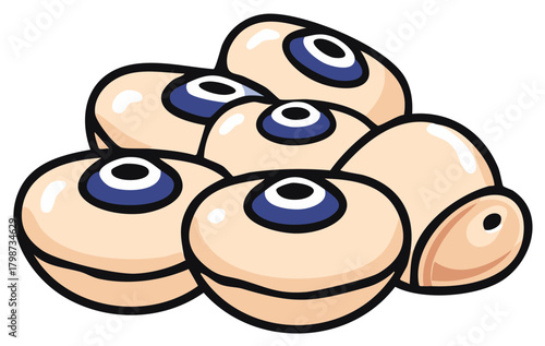Cartoon evil eye talismans piled up, a protective good luck charm illustration with blue irises